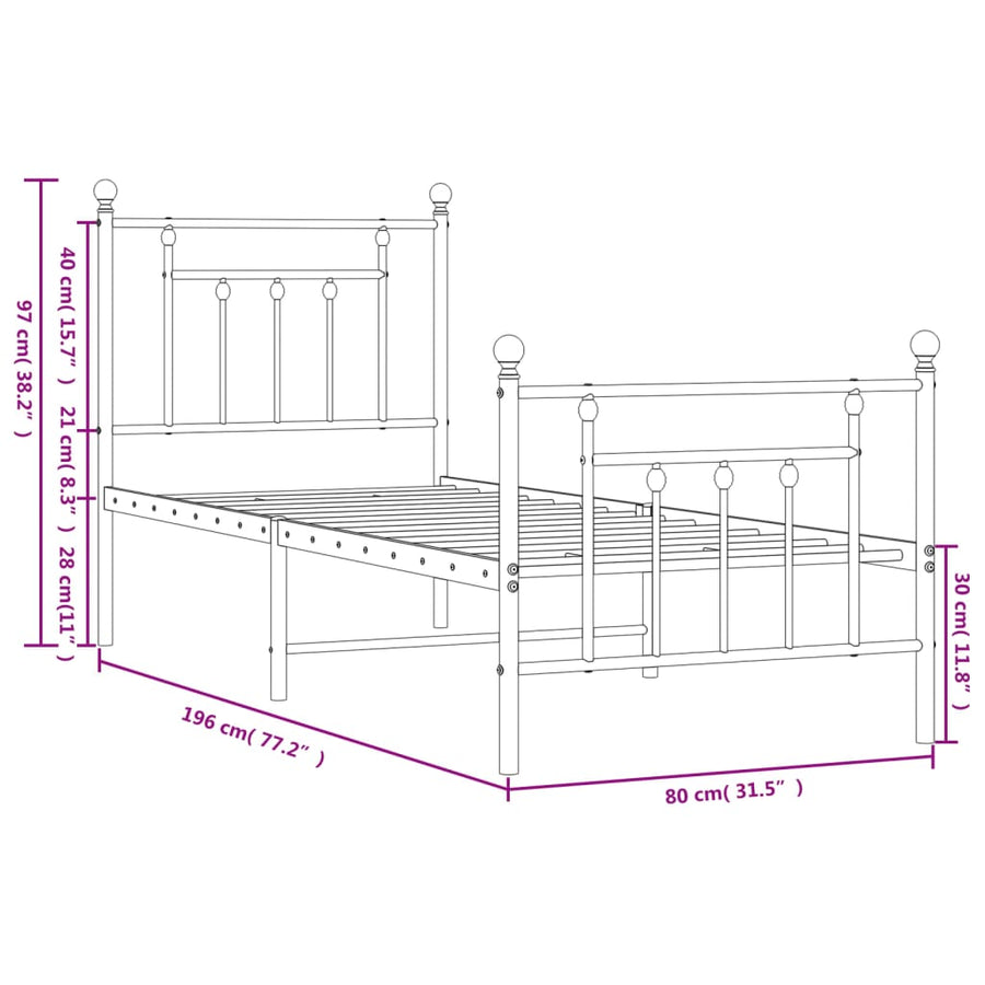 Bedframe Met Hoofd- En Voeteneinde Metaal 75 x 190 cm Zwart met hoofdbord & voetbord