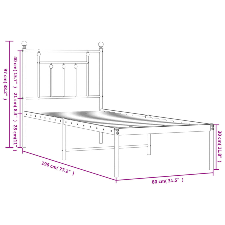 Bedframe Metaal 75 X 190 Cm Wit met hoofdbord