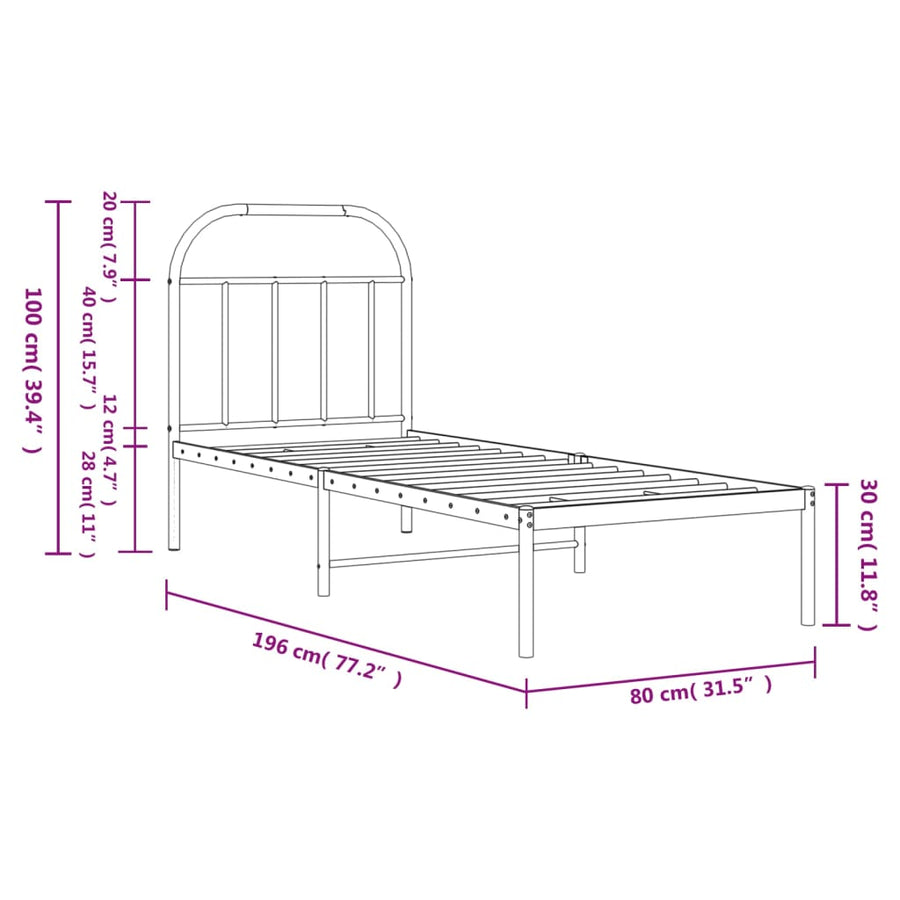 Bedframe Metaal 75 x 190 cm Zwart met hoofdbord