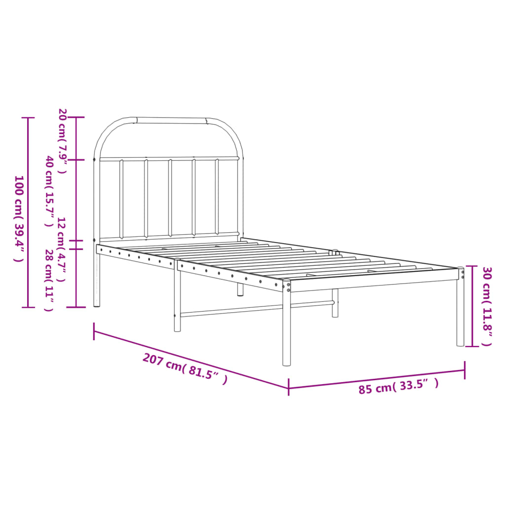 Bedframe Metaal 80 x 200 cm Zwart met hoofdbord