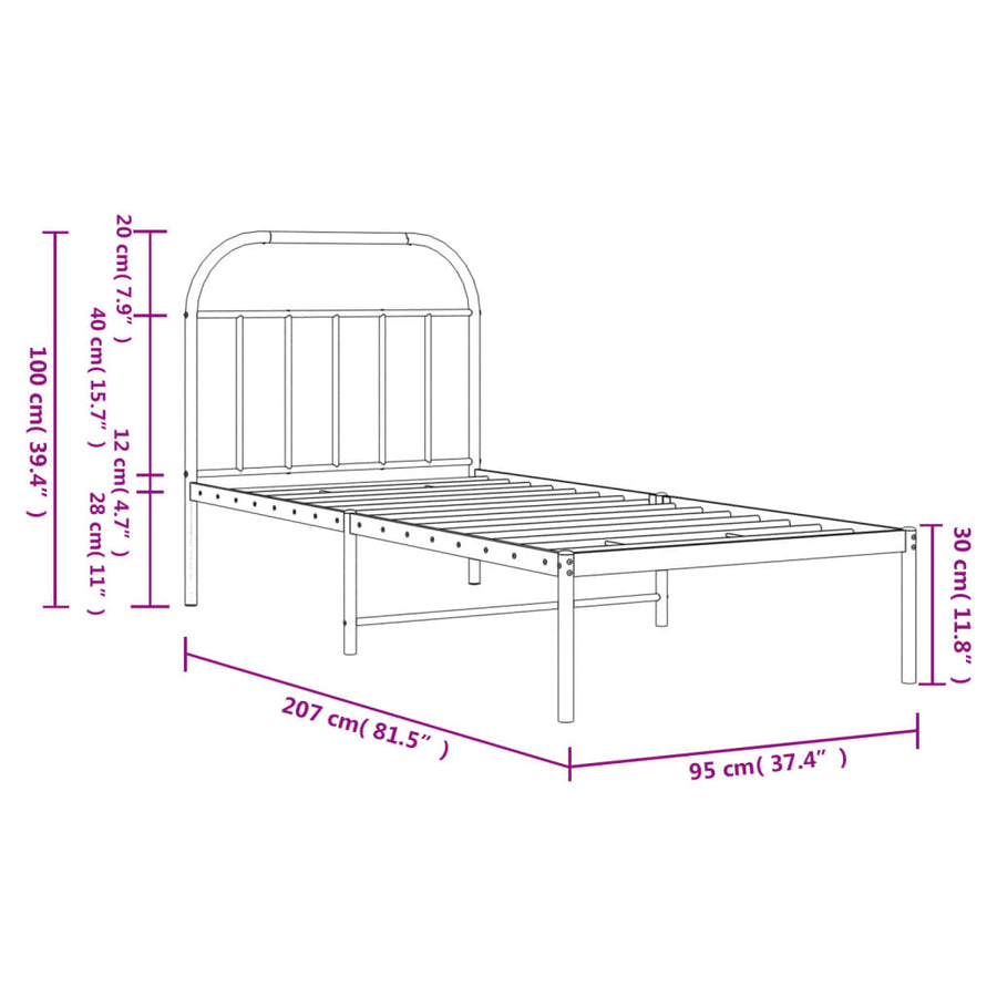 Bedframe Metaal 90 x 200 cm Zwart met hoofdbord