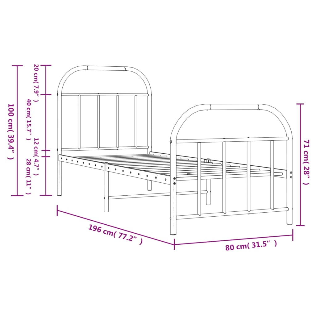 Bedframe Met Hoofd- En Voeteneinde Metaal 75 x 190 cm Zwart met hoofdbord & voetbord
