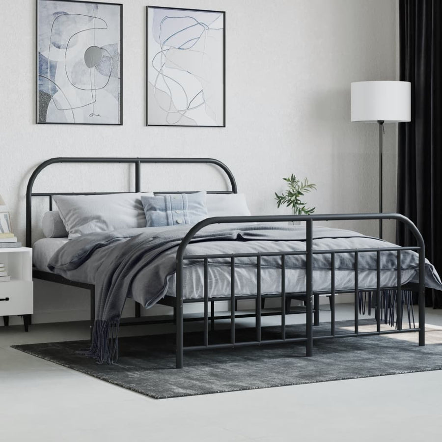 Bedframe Met Hoofd- En Voeteneinde Metaal 135 x 190 cm Zwart met hoofdbord & voetbord