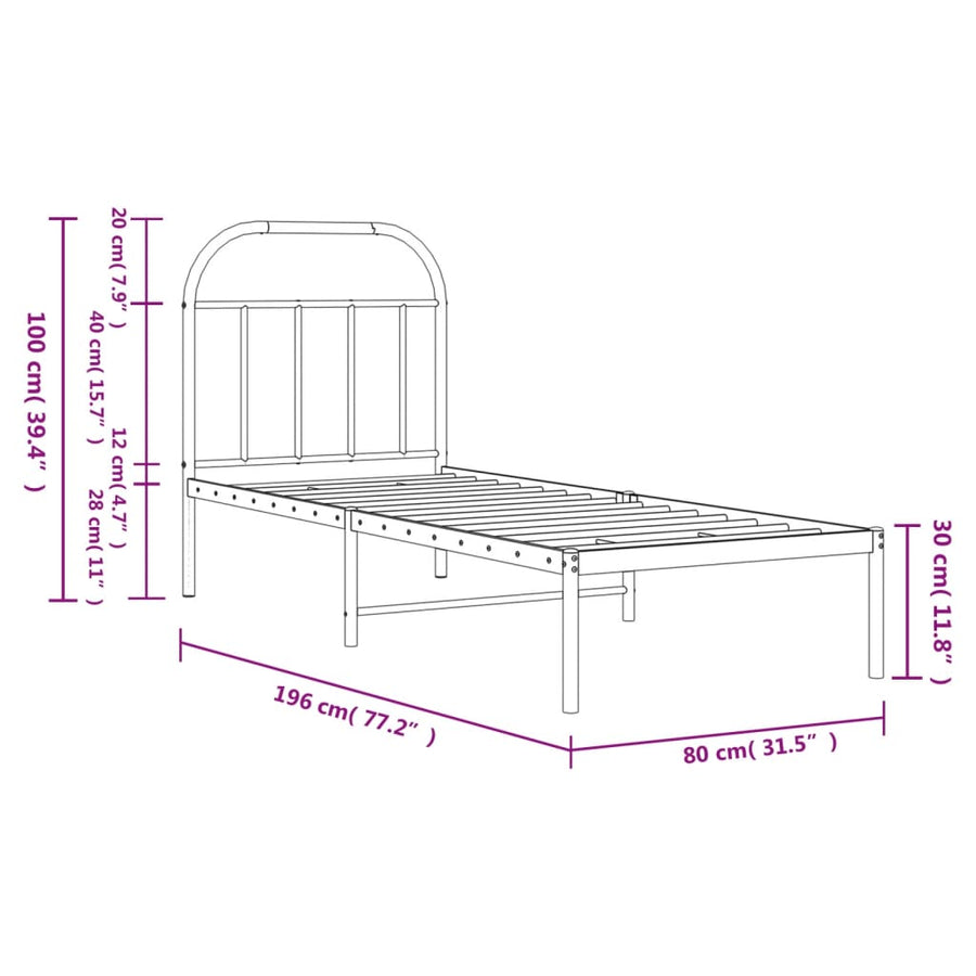 Bedframe Metaal 75 X 190 Cm Wit met hoofdbord