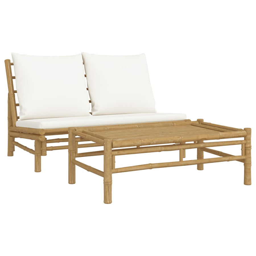 2-Delige Loungeset Met Kussens Bamboe Wit crème Bank + Tafel