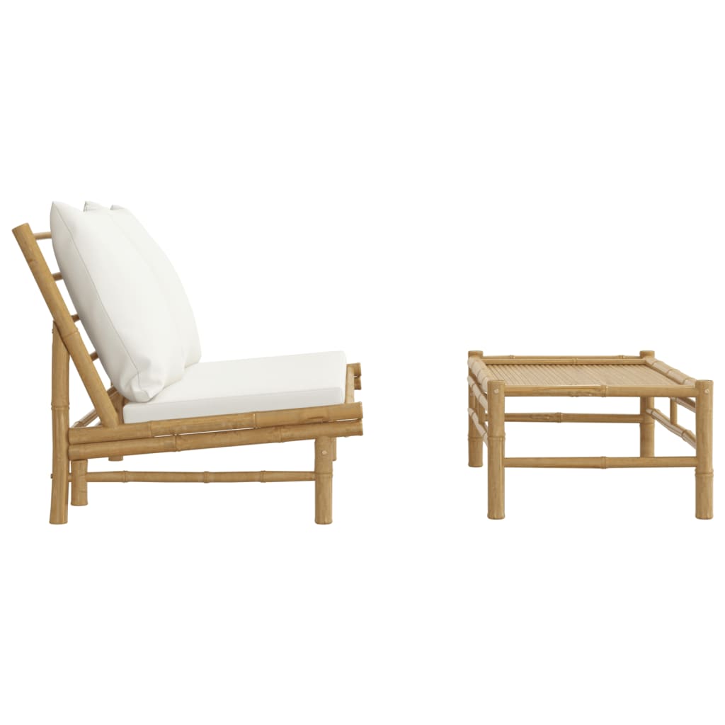 2-Delige Loungeset Met Kussens Bamboe Wit crème Bank + Tafel