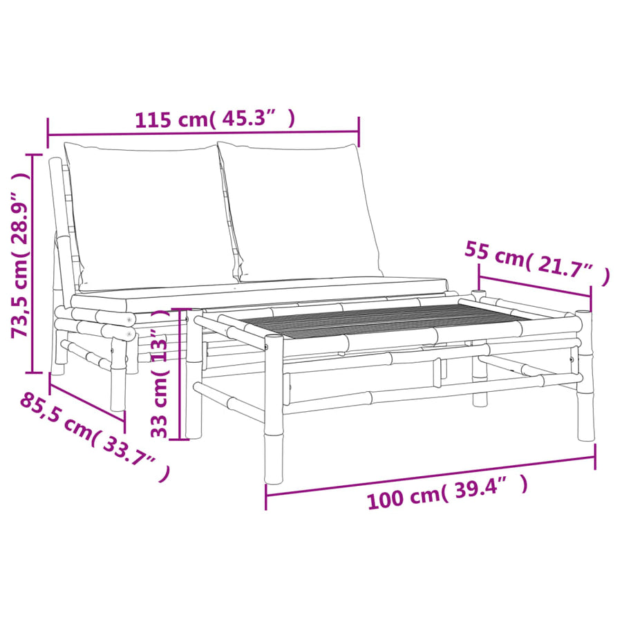 2-Delige Loungeset Met Kussens Bamboe Donkergrijs Bank + Tafel