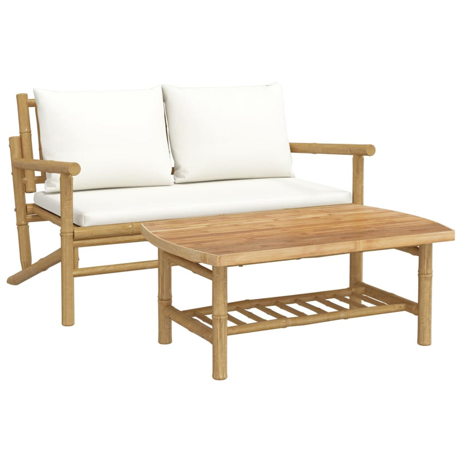 2-Delige Loungeset Met Kussens Bamboe Wit crème Bank + Tafel