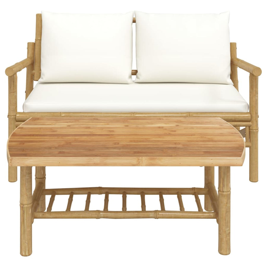 2-Delige Loungeset Met Kussens Bamboe Wit crème Bank + Tafel