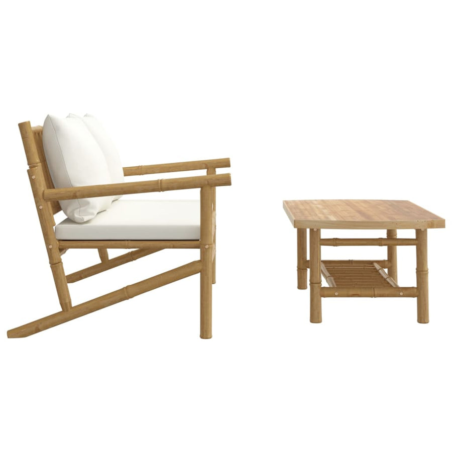 2-Delige Loungeset Met Kussens Bamboe Wit crème Bank + Tafel