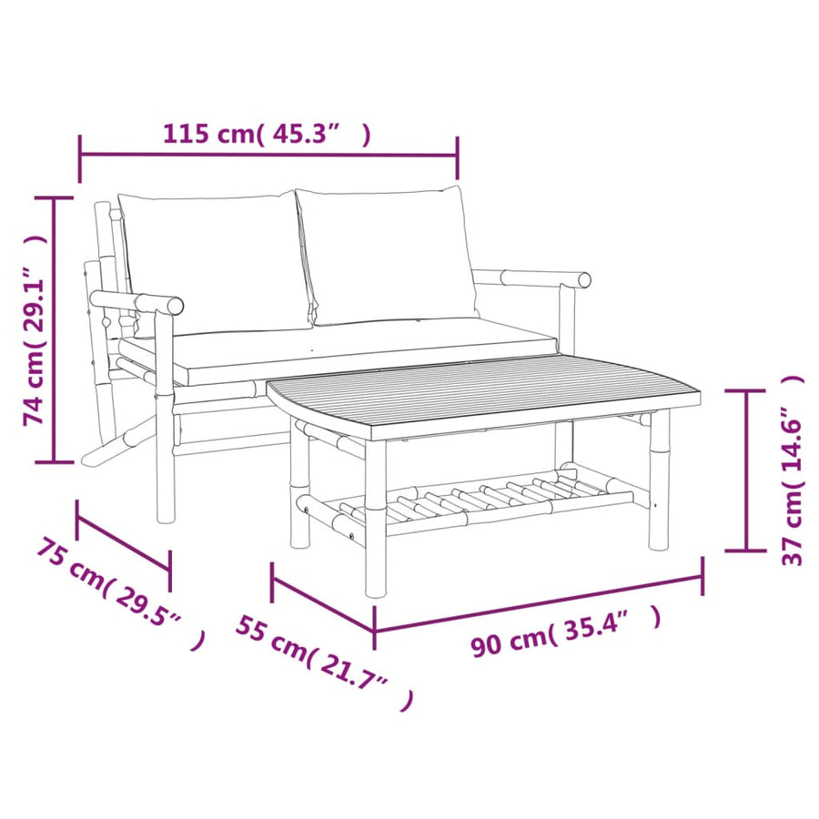 2-Delige Loungeset Met Kussens Bamboe Wit crème Bank + Tafel