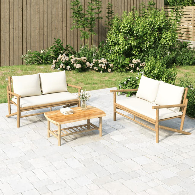 2-Delige Loungeset Met Kussens Bamboe Wit crème Bank + Tafel