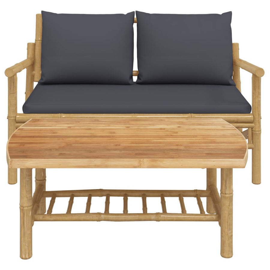 2-Delige Loungeset Met Kussens Bamboe Donkergrijs Bank + Tafel
