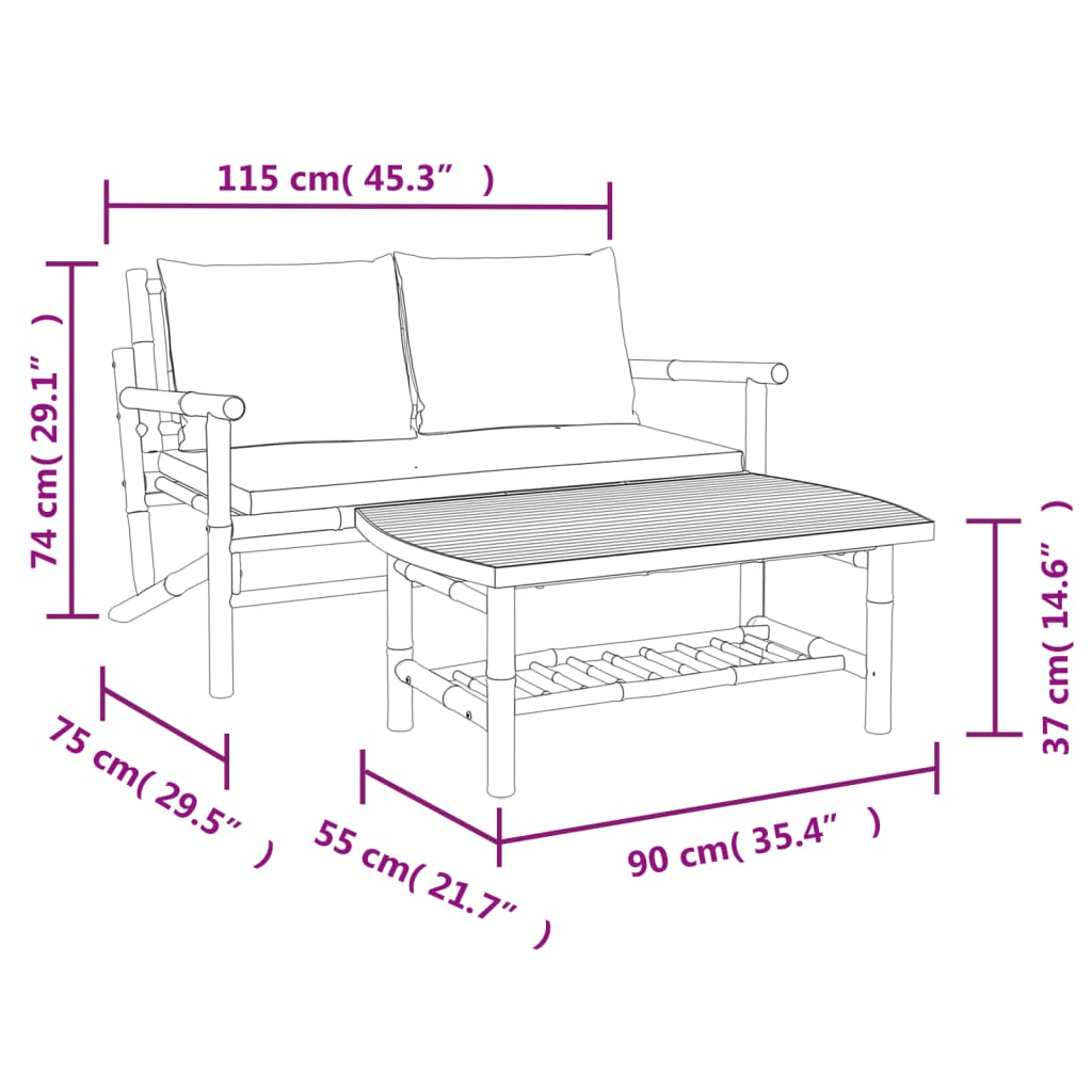 2-Delige Loungeset Met Kussens Bamboe Donkergrijs Bank + Tafel