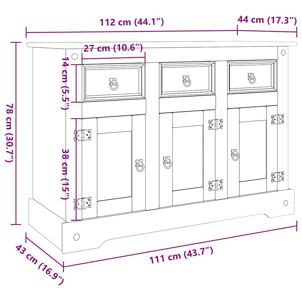 Dressoir "Corona" Bruin 112x44x78 cm Massief Hout Mexicaans Dennenhout