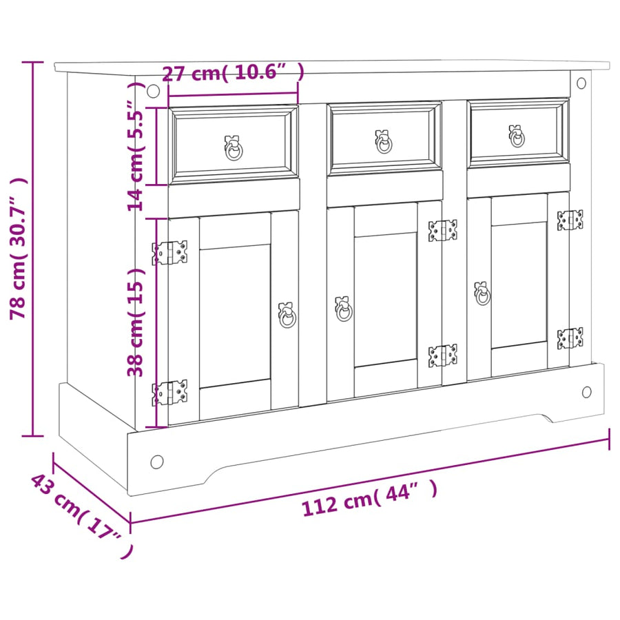 Dressoir Corona 112X43X78 Cm Massief Mexicaans Grenenhout Grijs