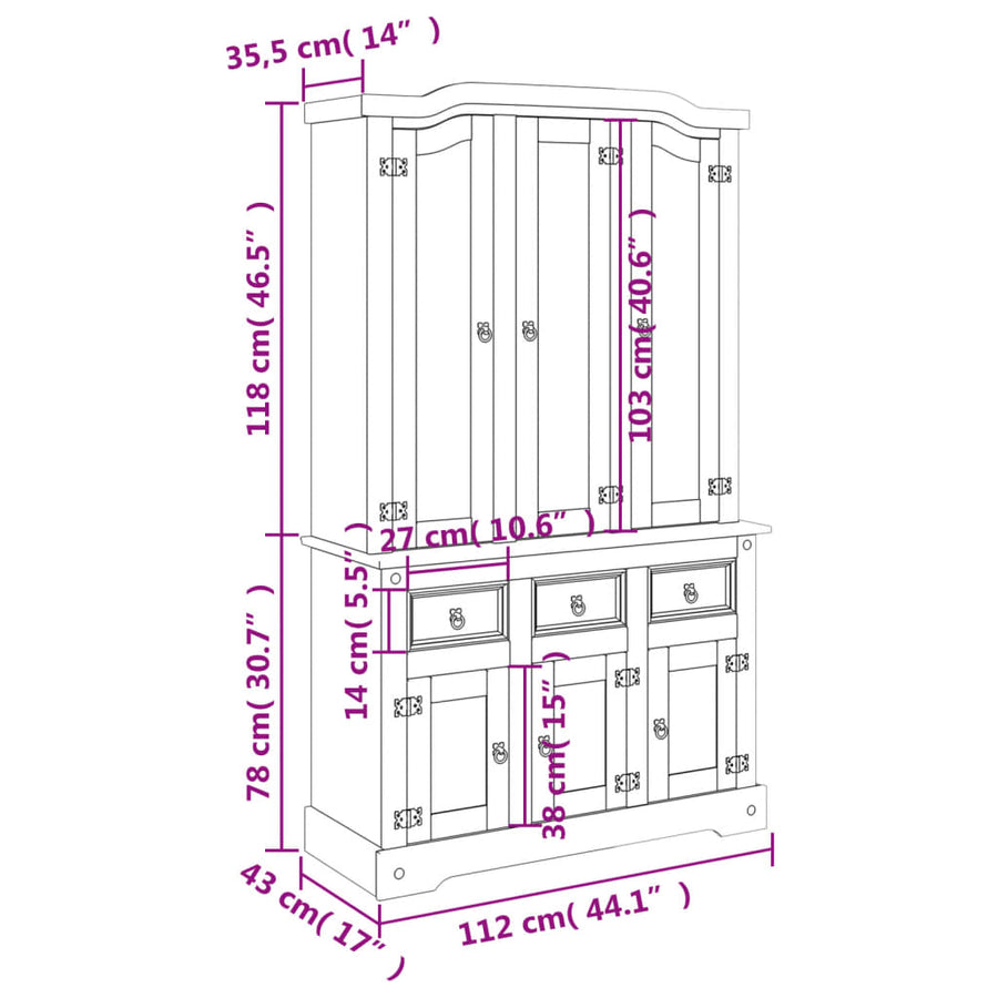 Hoge Kast Corona 112X43X196 Cm Massief Mexicaans Grenenhout Wit