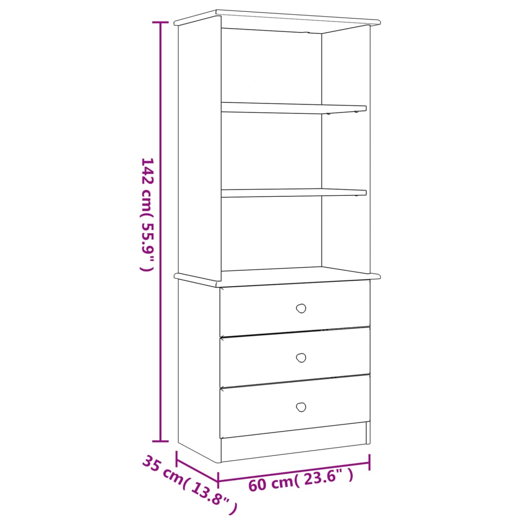 Boekenkast Met Lades Alta 60X35X142 Cm Massief Grenenhout Wit