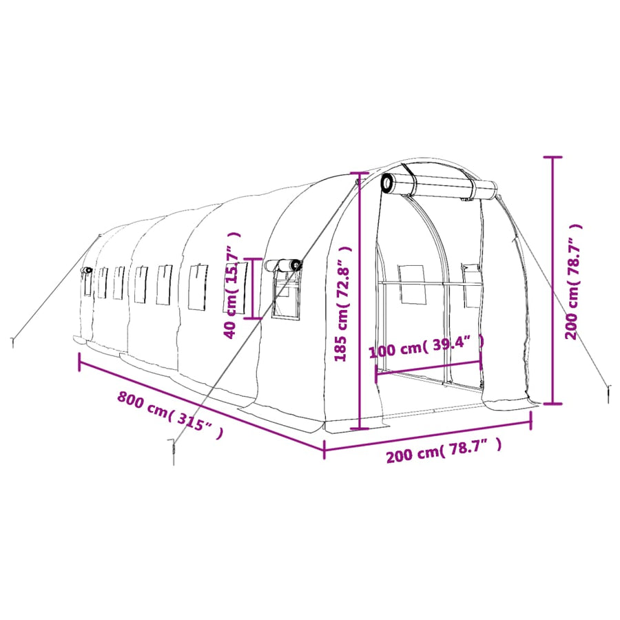 Tuinkas Met Stalen Frame 16 M² 8 x 2 x 2 m Wit
