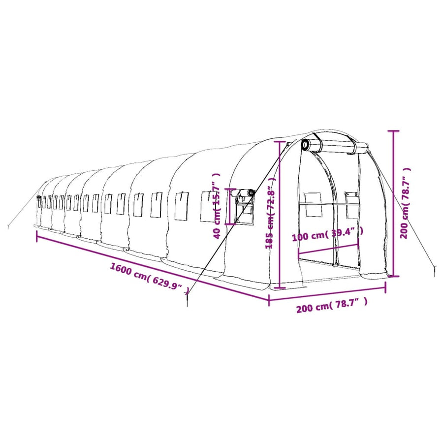 Tuinkas Met Stalen Frame 32 M² 16 x 2 x 2 m Wit