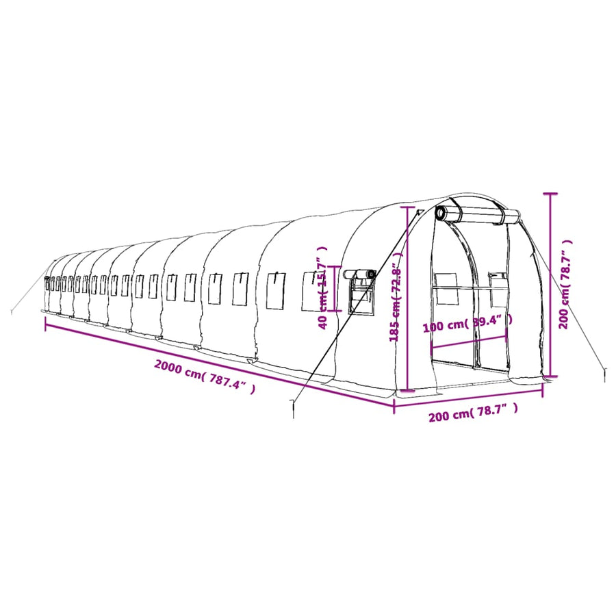 Tuinkas Met Stalen Frame 40 M² 20 x 2 x 2 m Wit