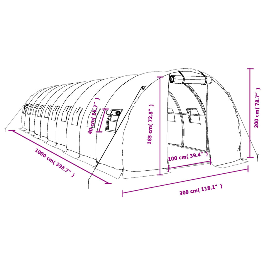 Tuinkas met stalen frame 30 m² 10x3x2 m groen