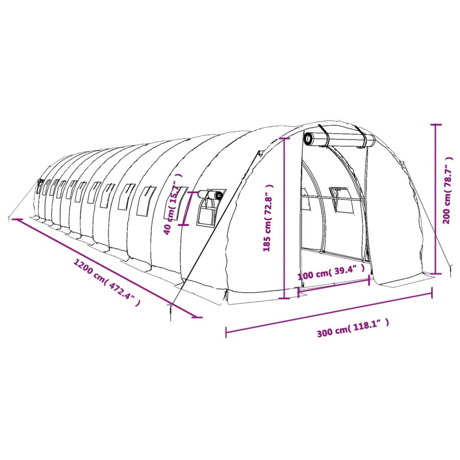 Tuinkas met stalen frame 36 m² 12x3x2 m groen