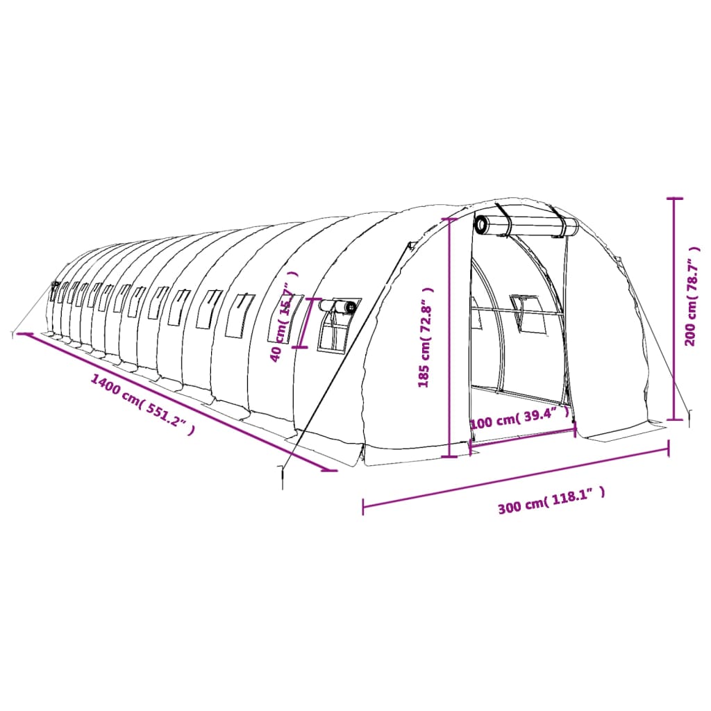 Tuinkas met stalen frame 42 m² 14x3x2 m groen