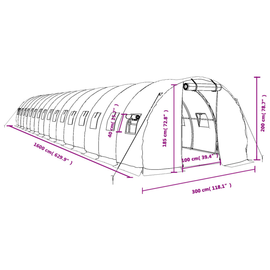 Tuinkas met stalen frame 48 m² 16x3x2 m groen