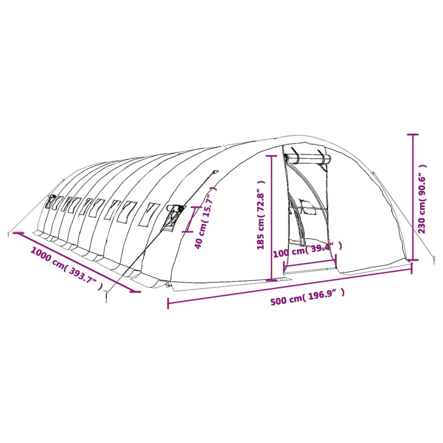 Tuinkas Met Stalen Frame 50 M² 0X5X2,3 M 10 x 5 x 2.3 m Groen