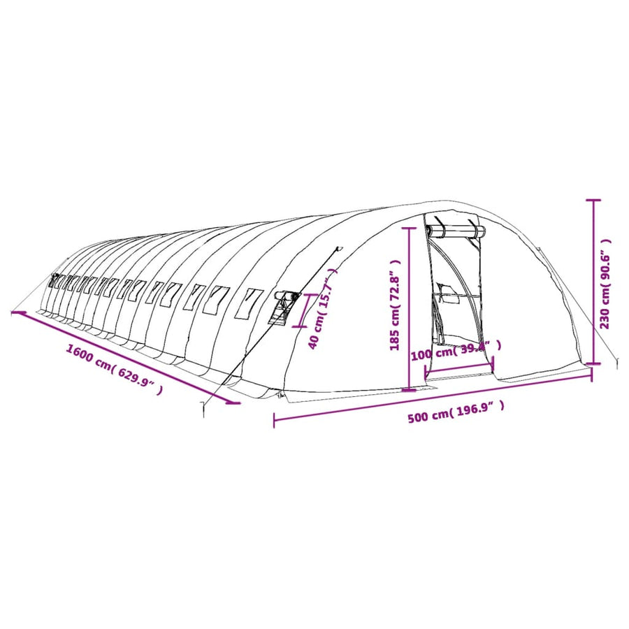 Tuinkas Met Stalen Frame 80 M² 6X5X2,3 M 16 x 5 x 2.3 m Groen