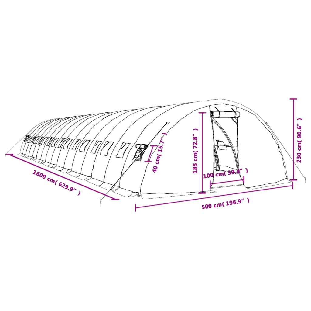 Tuinkas Met Stalen Frame 80 M² 16X5X2,3 M 16 x 5 x 2.3 m Wit