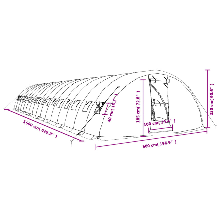 Tuinkas Met Stalen Frame 80 M² 16X5X2,3 M 16 x 5 x 2.3 m Wit