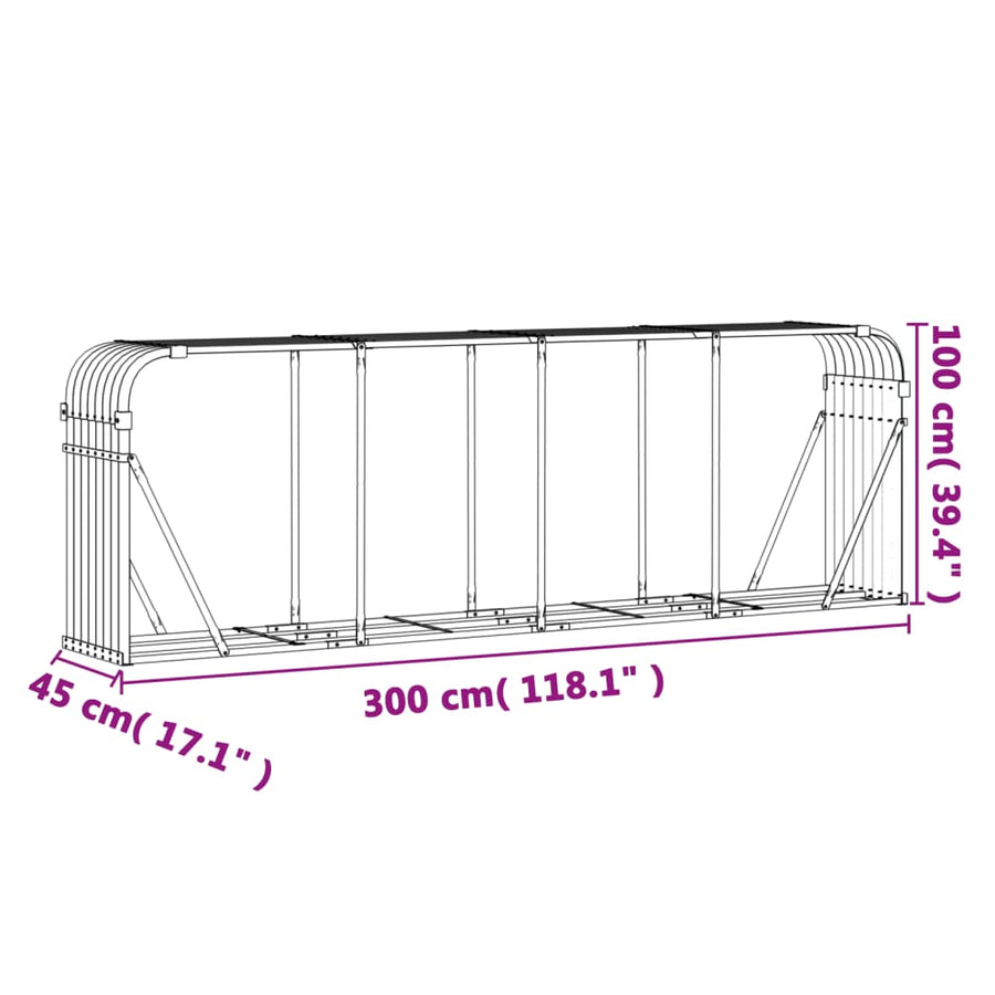 Haardhoutopslag Gegalvaniseerd Staal 300 x 45 x 100 cm Antraciet