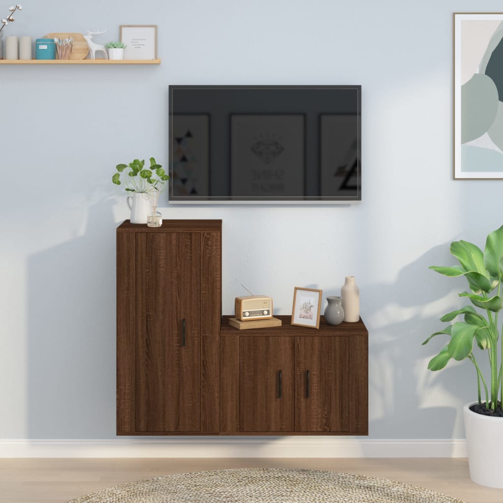 -Delige Tv-Meubelset Bewerkt Hout Bruin Eikenkleur Bruineiken