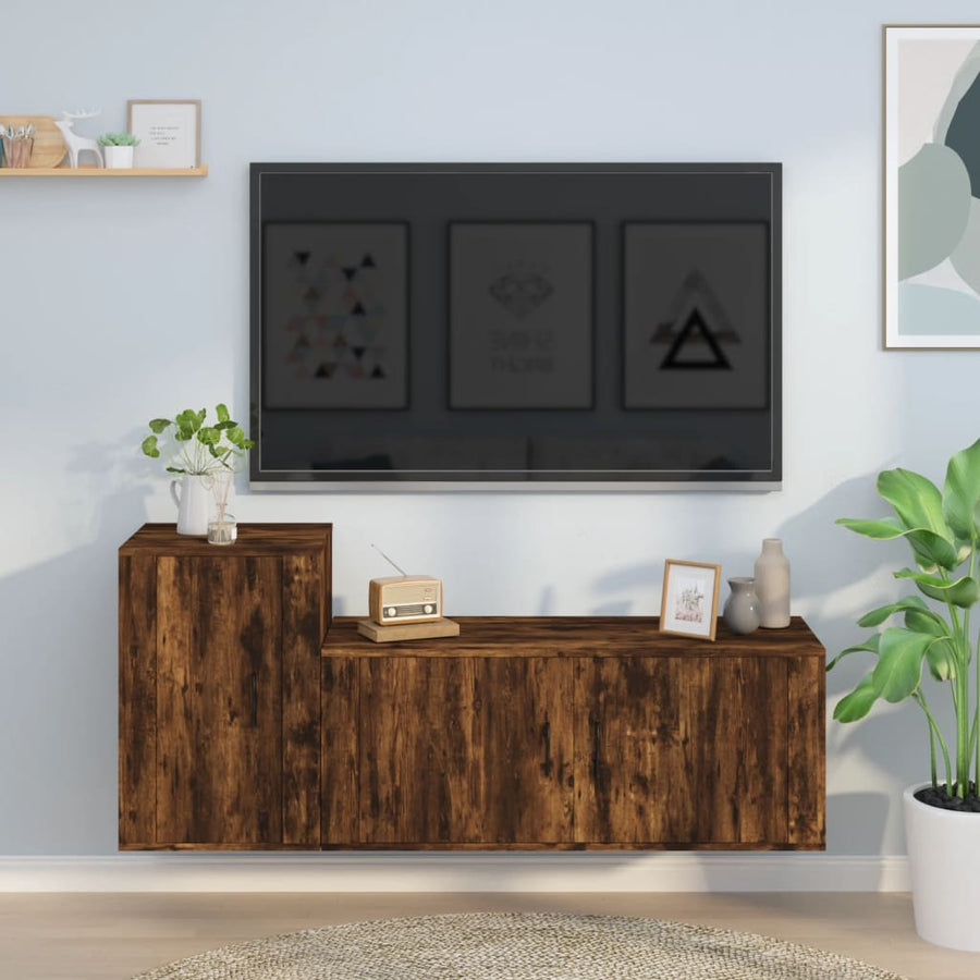 2-Delige Tv-Meubelset Bewerkt Hout Kleurig Gerookt eiken