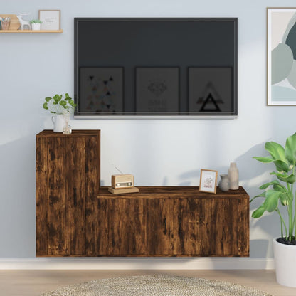 2-Delige Tv-Meubelset Bewerkt Hout Kleurig Gerookt eiken