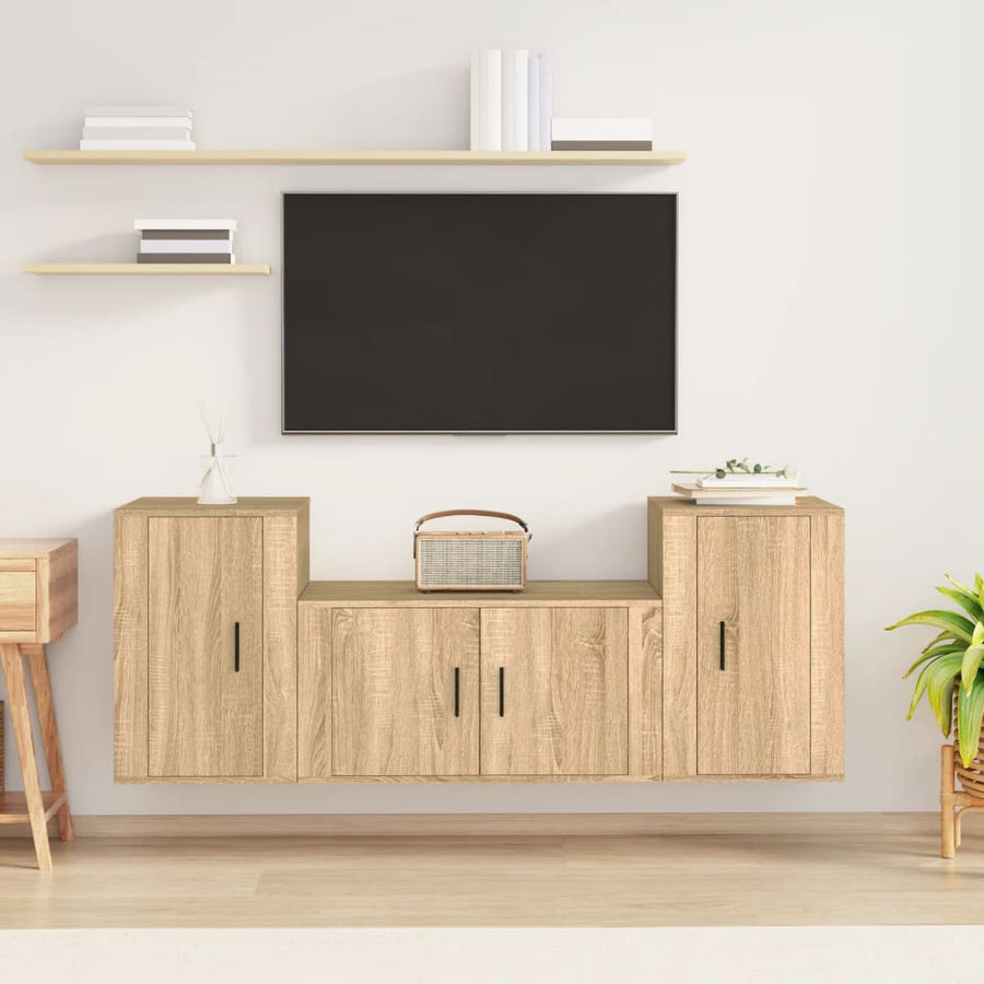 3-Delige Tv-Meubelset Bewerkt Hout Kleurig Sonoma eiken