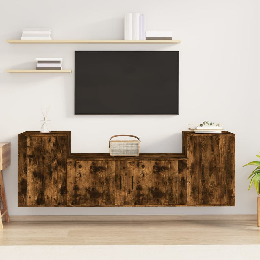 3-Delige Tv-Meubelset Bewerkt Hout Kleurig Gerookt eiken