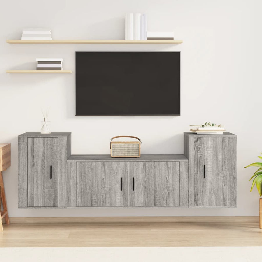 3-Delige Tv-Meubelset Bewerkt Hout Eikenkleurig Grijs sonoma