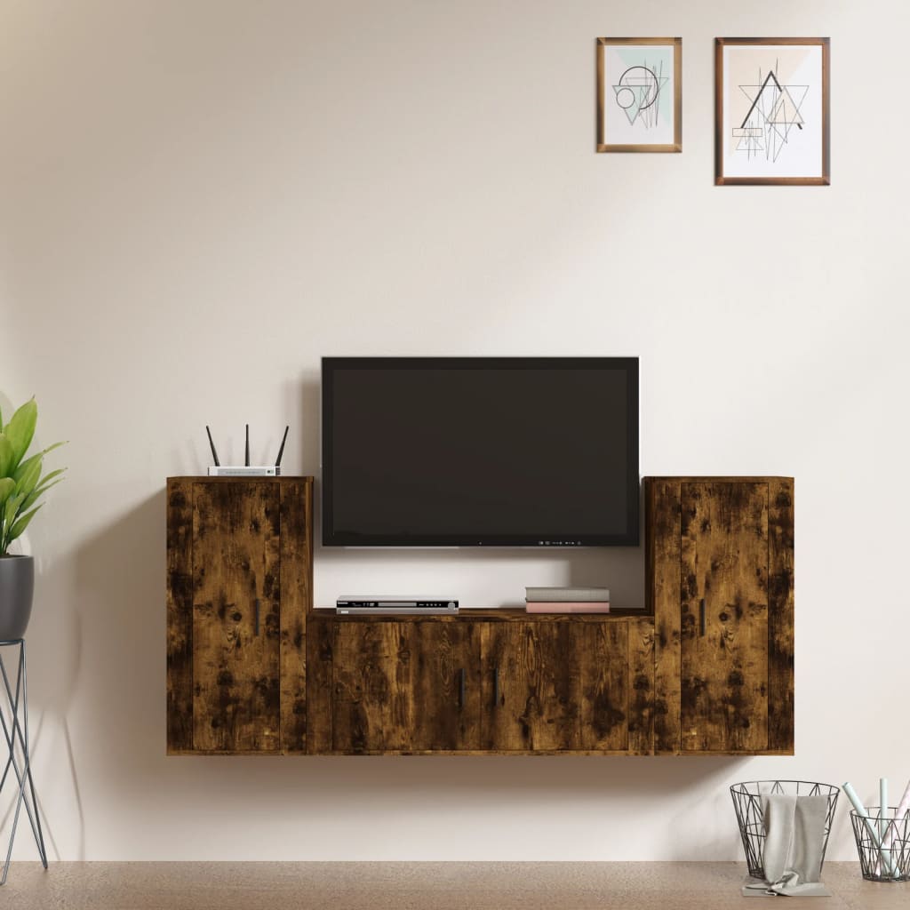 3-Delige Tv-Meubelset Bewerkt Hout Kleurig Gerookt eiken