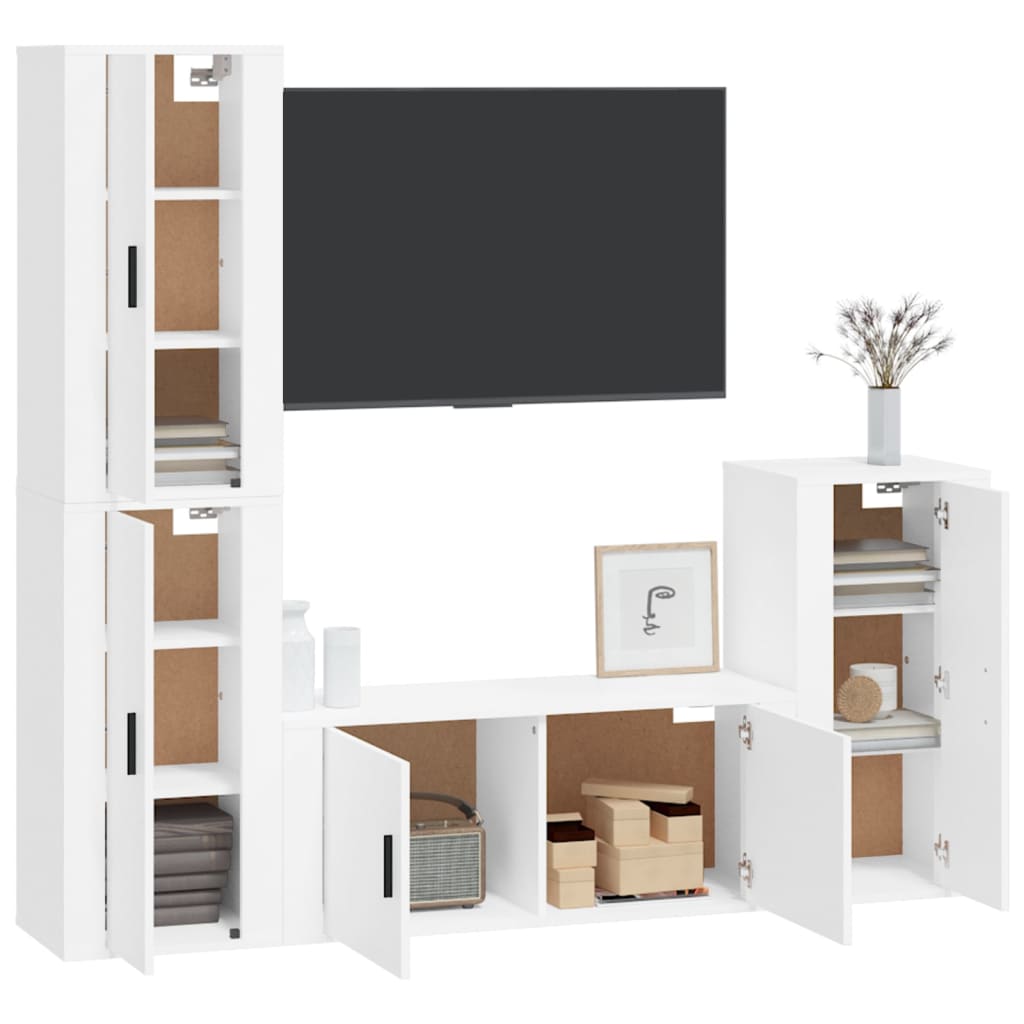 4-Delige Tv-Meubelset Bewerkt Hout Wit