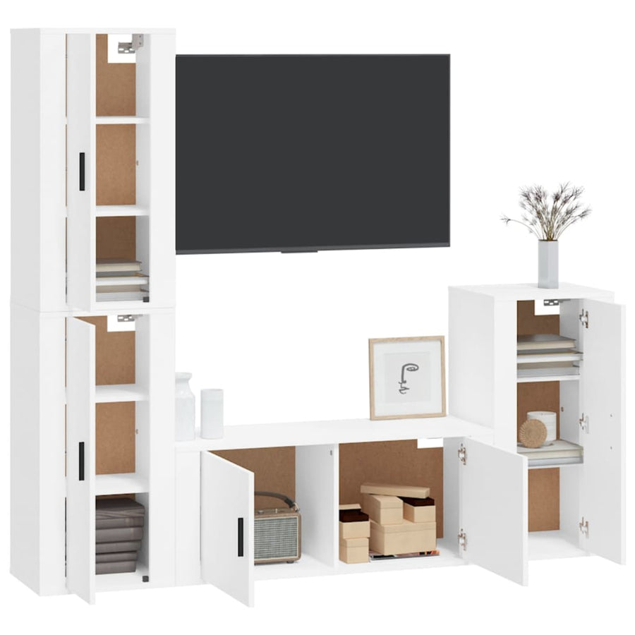 4-Delige Tv-Meubelset Bewerkt Hout Wit