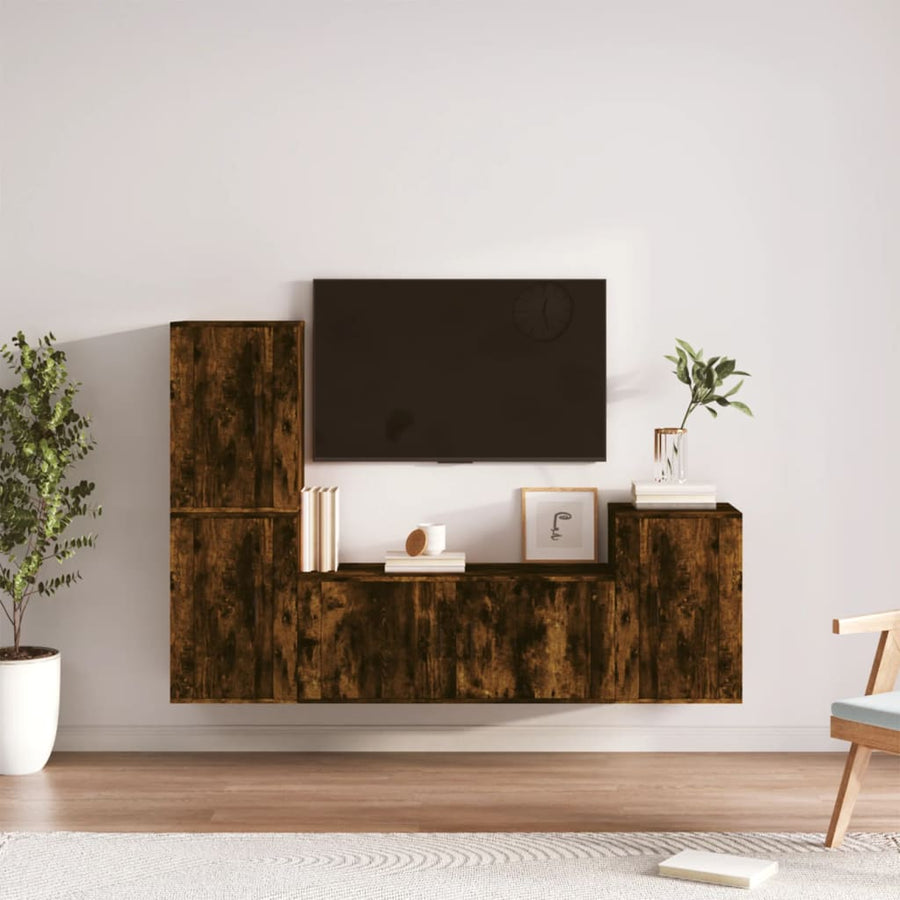 4-Delige Tv-Meubelset Bewerkt Hout Kleurig Gerookt eiken