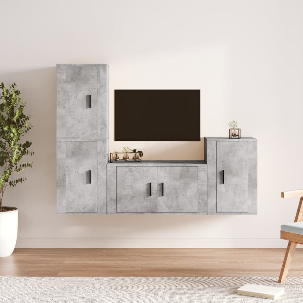 -Delige Tv-Meubelset Bewerkt Hout Betongrijs