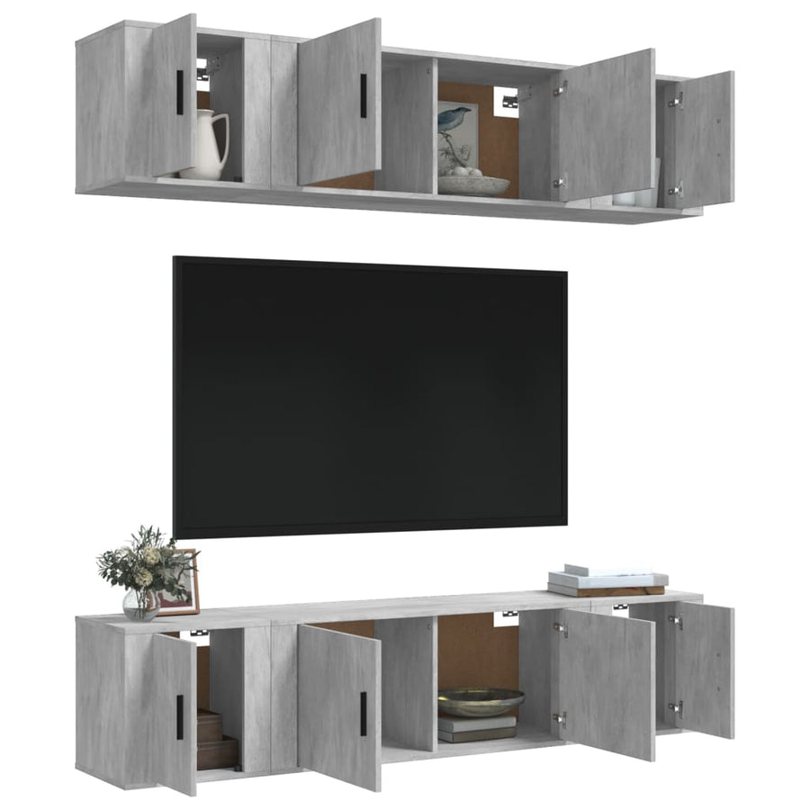6-Delige Tv-Meubelset Bewerkt Hout Betongrijs
