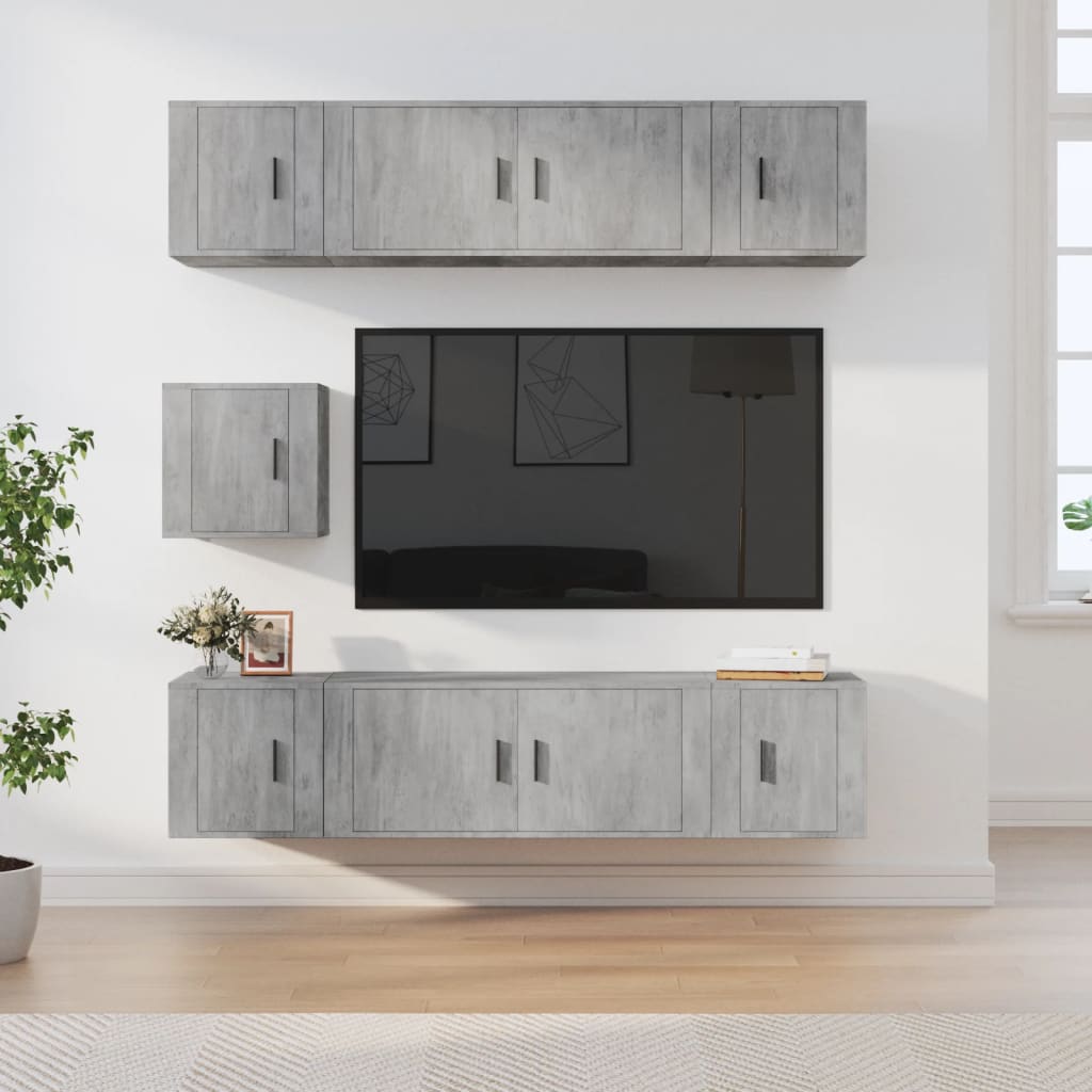 7-Delige Tv-Meubelset Bewerkt Hout Betongrijs