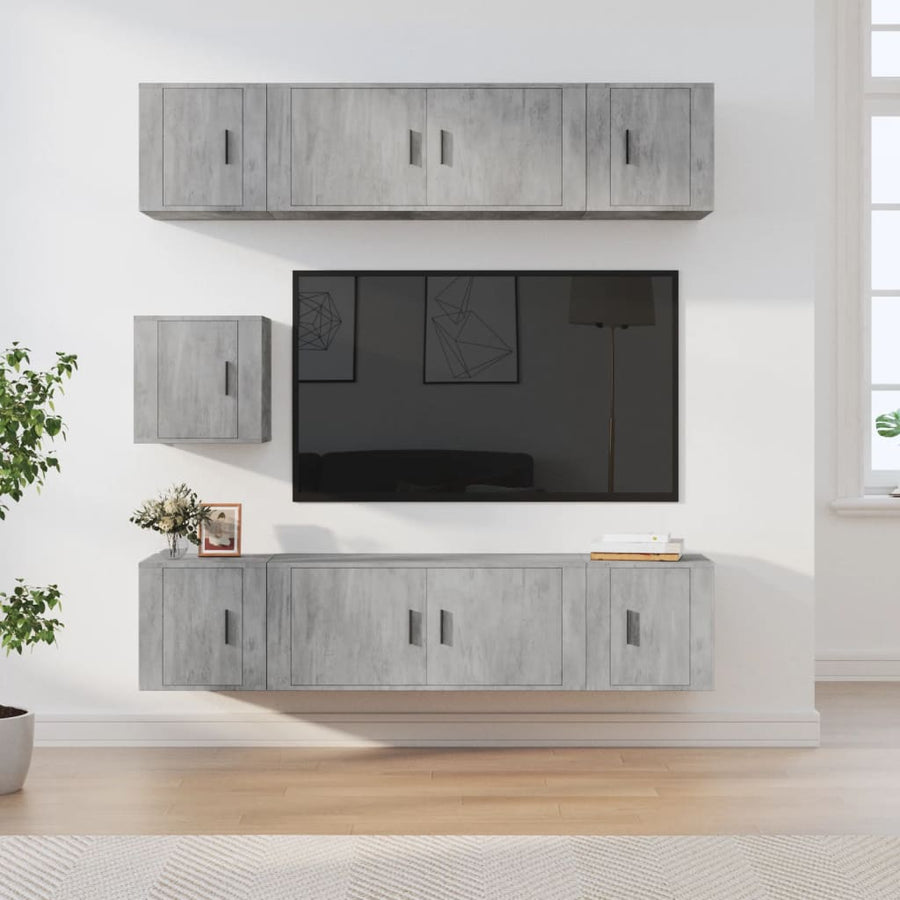 7-Delige Tv-Meubelset Bewerkt Hout Betongrijs