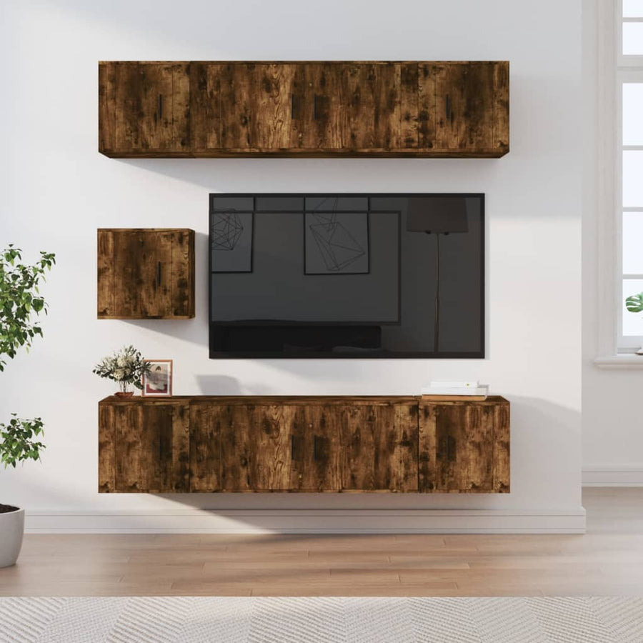 7-Delige Tv-Meubelset Bewerkt Hout Kleurig Gerookt eiken