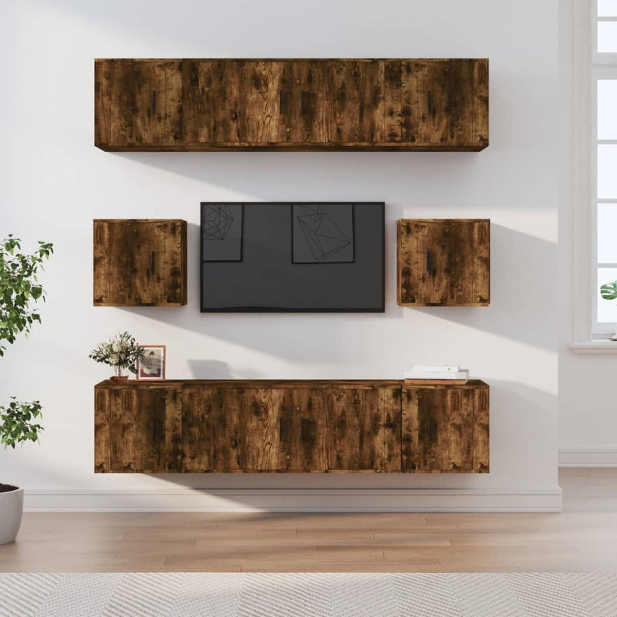 8-Delige Tv-Meubelset Bewerkt Hout Kleurig Gerookt eiken